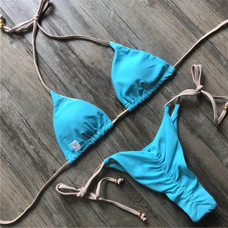 Color Block Hot Pink Blue Brown Bikini Set Women’s Swimming Suit Halter Drawstring Bathing