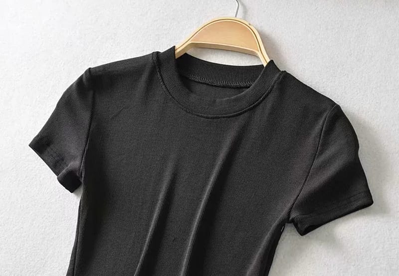 Women Black High Crew Neck Cropped Bodycon Short Sleeve Ribbed T-shirt top