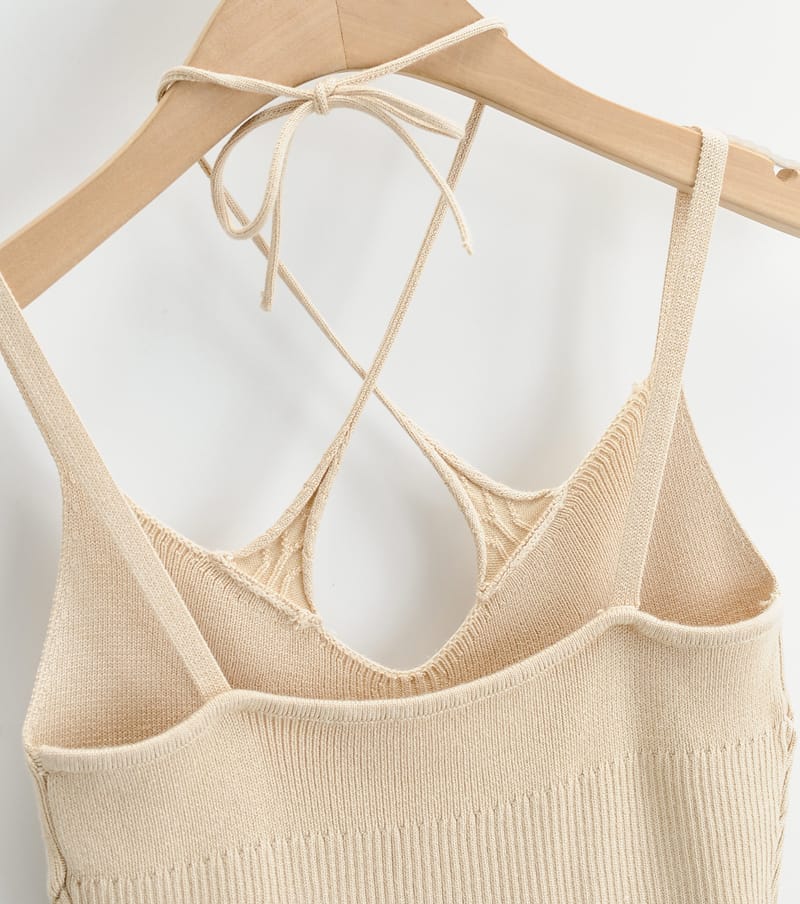 Women Beige Knitted Crop top Criss Cross Halter Cami