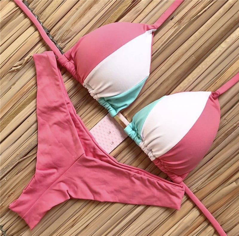 Color Block Hot Pink Blue Brown Bikini Set Women’s Swimming Suit Halter Drawstring Bathing