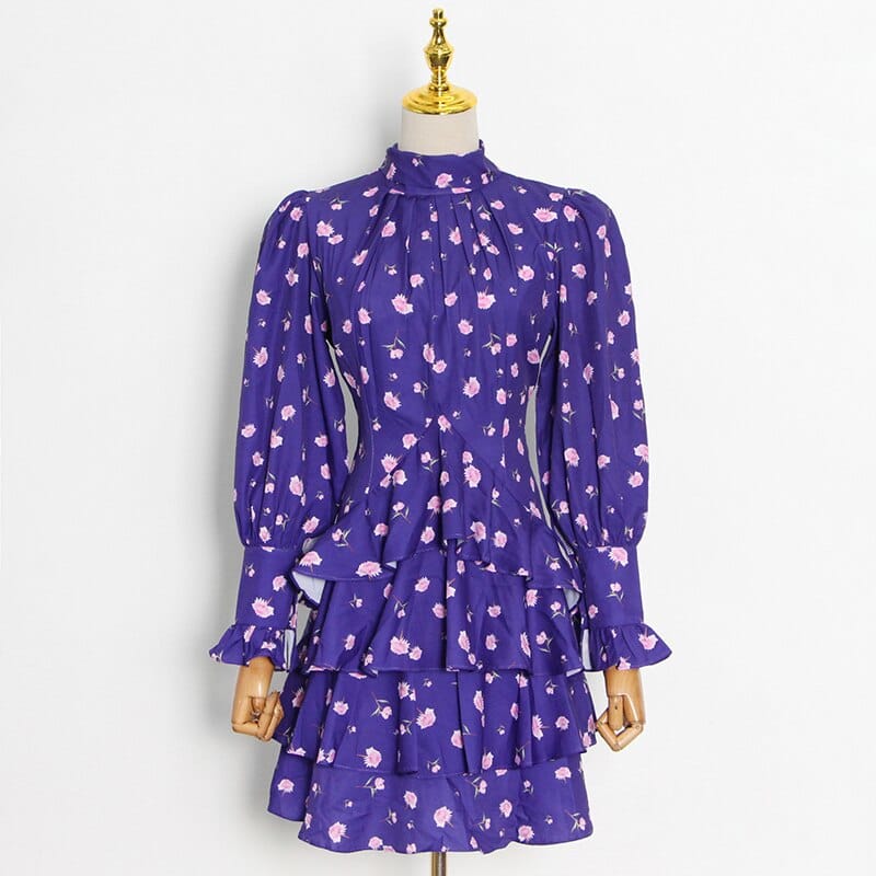 Women Purple Long Letran Sleeve Mini Dress with Pink Floral Print Turtleneck Ruffle Layers and back