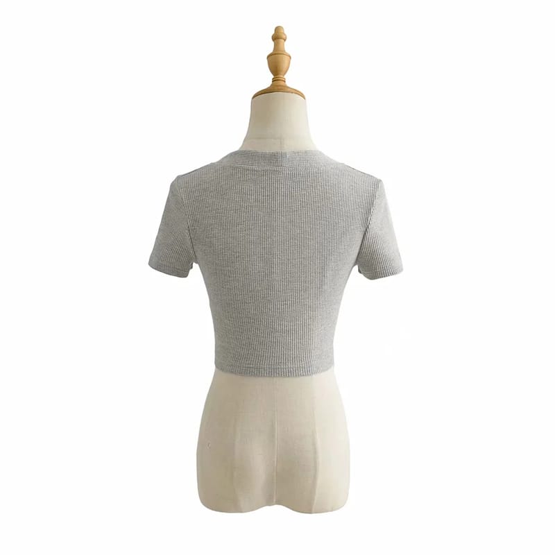 Women Light Grey Super Cropped top with Short Sleeve Fitted Waffle T-shirt