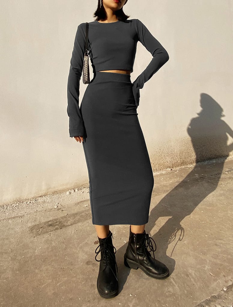 Women Dark Grey Casual Co-ord Fit O Neck Long Sleeve Crop top and Midi Skirt Set