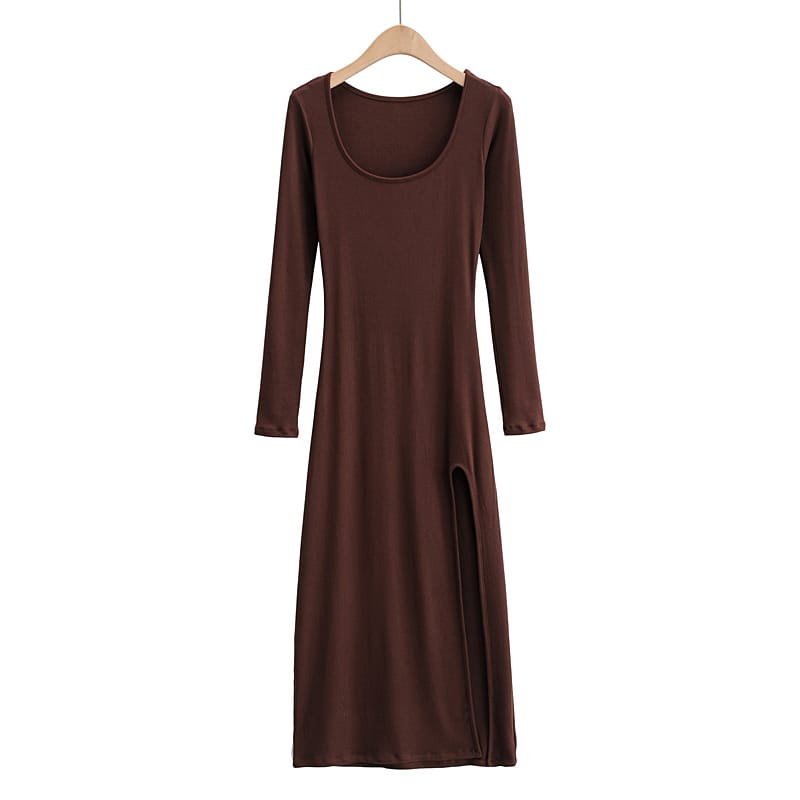 Women Khaki Casual Square Scoop Neck Long Sleeved Midi Dress with High Cut side Split