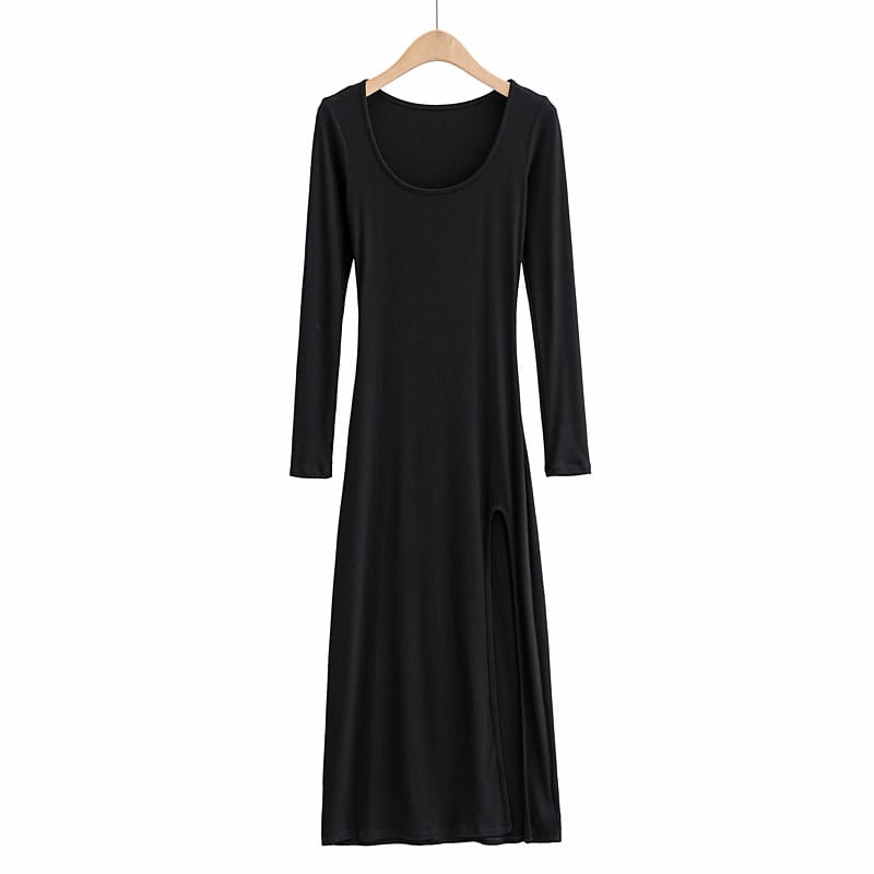 Women Black Casual Square Scoop Neck Long Sleeved Midi Dress with High Cut side Split