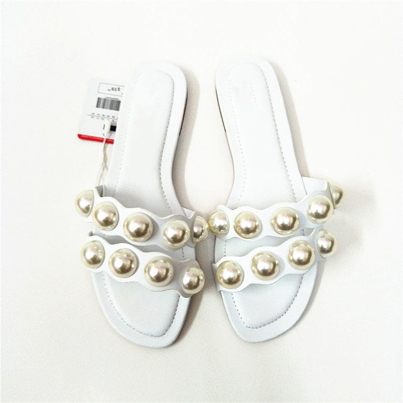 Light Blue Double Band Pearl Flats Sandals Casual Beach Slide Flip Flops Slippers