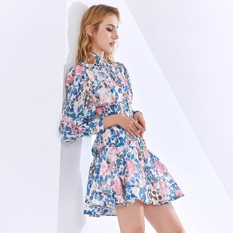 White A-line Long Sleeve Elegant Blue Pink Floral Print Mini Dress with Stand Collar detail
