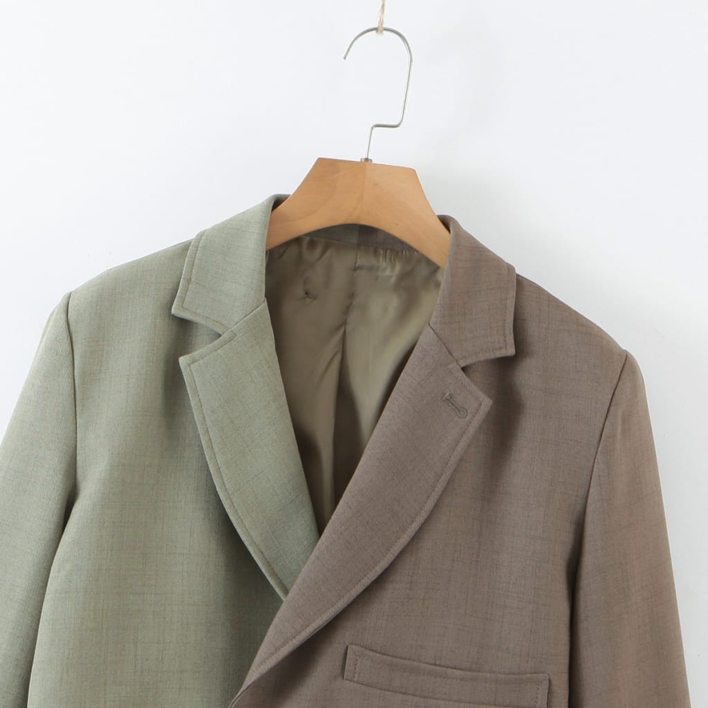 Women Green and Gray Colorblock Notched Collar Long Sleeve Cropped Blazer Coat Double Buttoned