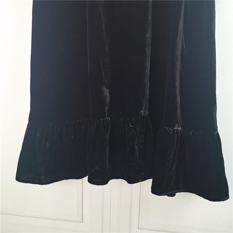 Black Vintage Velvet Loose Single-breasted V-neck 3/4 Sleeve Mini Dress