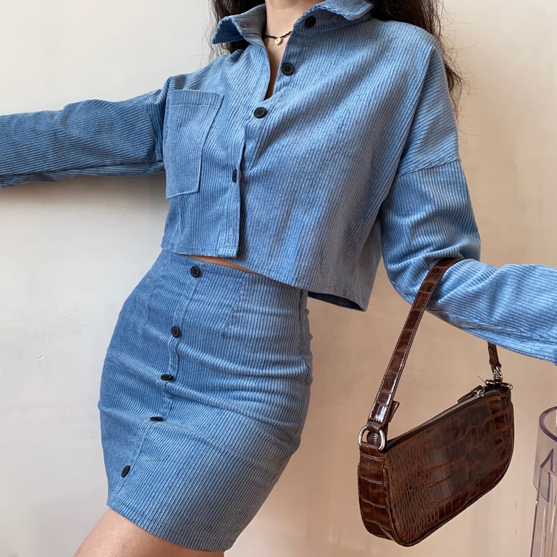 Women Blue Buttoned Cropped Corduroy Jacket and front Slim Mini Skirt Set