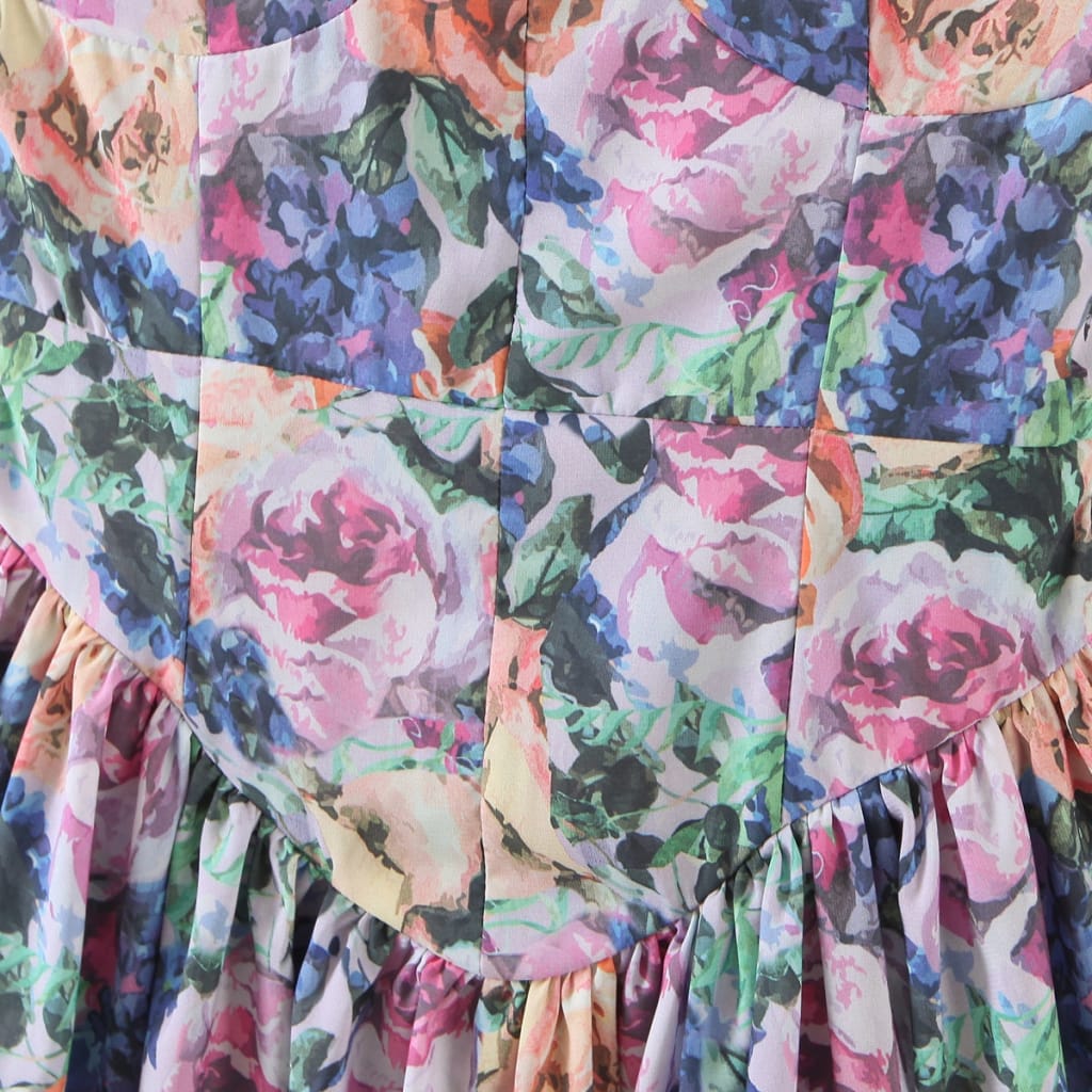Multi Color Floral Print Cami Strap Pleated Hem Corset Style Mini Dress