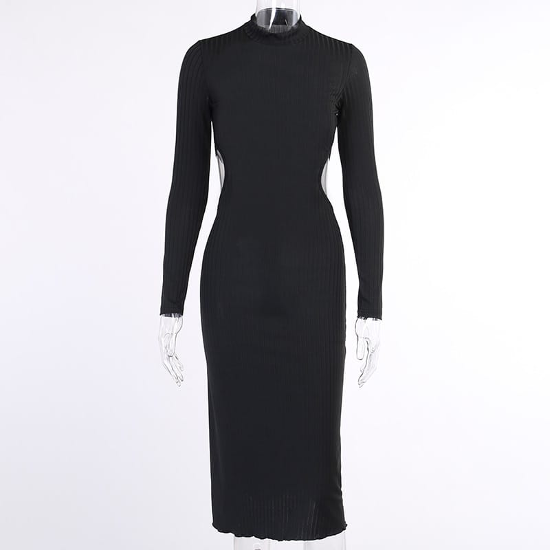 Black Backless Long Sleeve Ribbed Midi Dress with Mock Turtleneck Low back and Tie detail