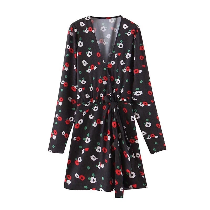 Women Vintage Black Red Floral Print Dress V Neck Long Sleeve High Waist A-line Casual Mini