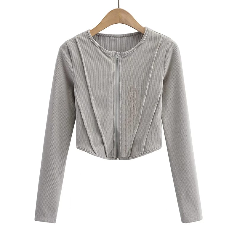 Women Gray Crop Fitted Ripped top with Center Zipper and Curve Hem detail