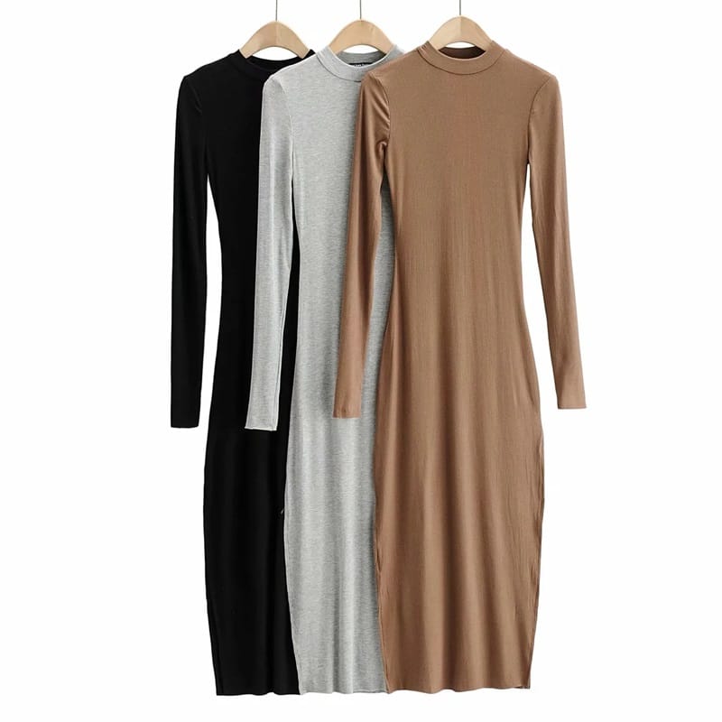 Women Black O Neck Ribbed Long Sleeve Maxi Dress with side Deep Thigh Split detail