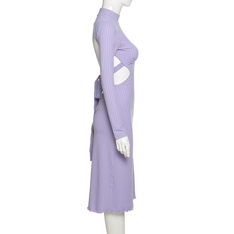 Lilac Purple Backless Long Sleeve Ribbed Midi Dress with Mock Turtleneck Low back and Tie detail