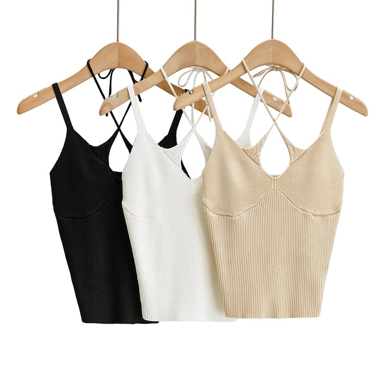 Women Beige Knitted Crop top Criss Cross Halter Cami