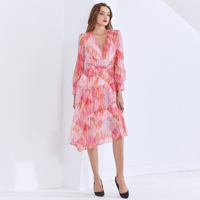 Pink Midi V Neck Dress with Lantern Long Sleeve Tie Waist and Ruffle detail