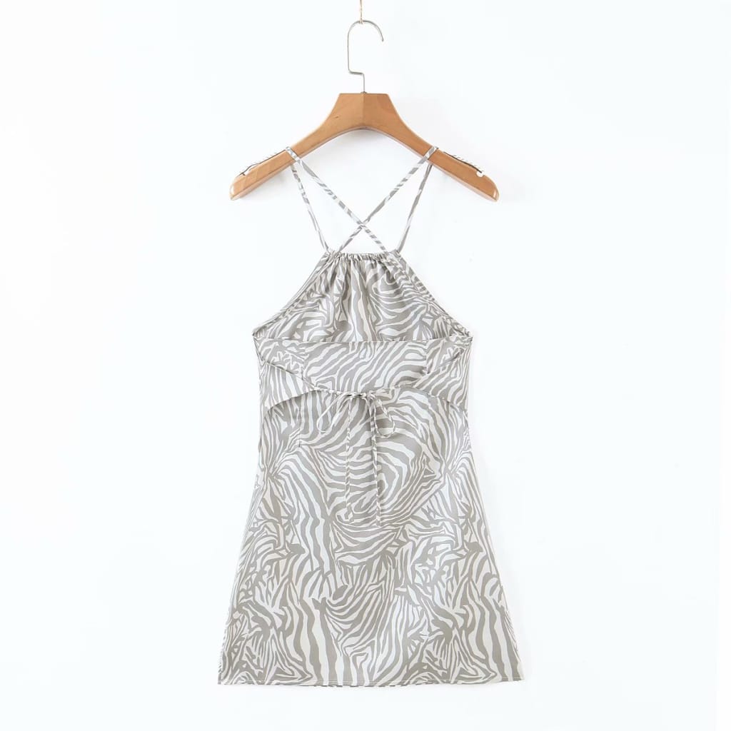 White Satin with Gray Zebra Animal Print Backless Halter Bodycon Mini Dress