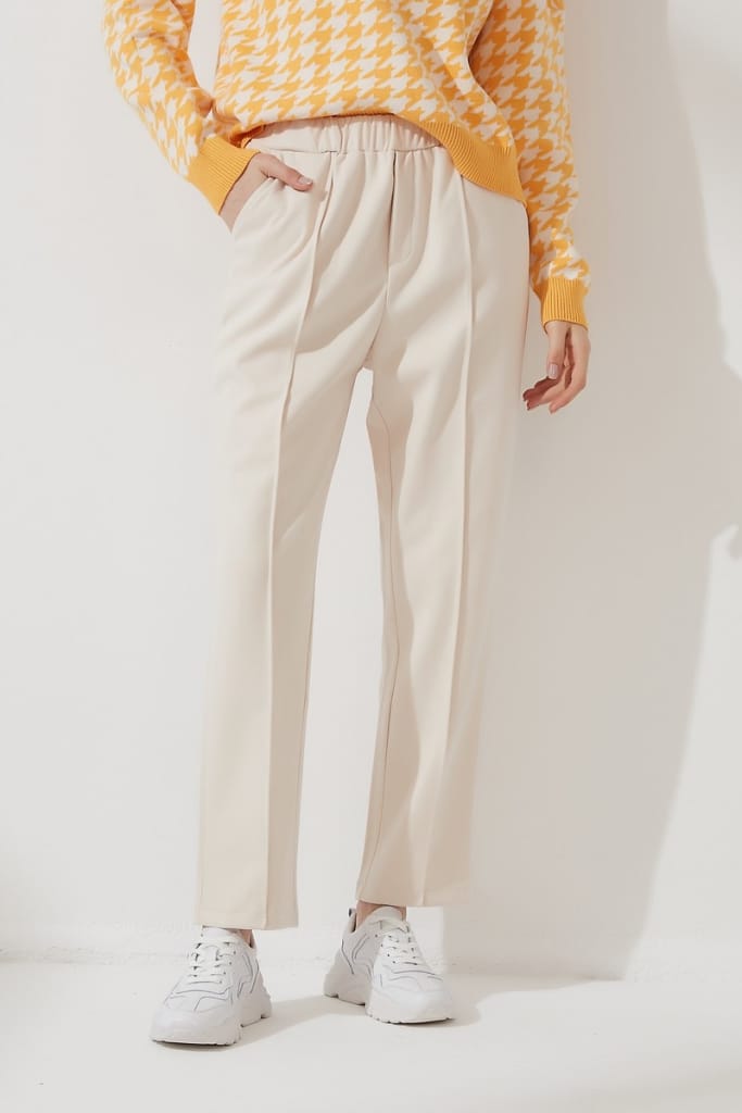 Women Beige Casual thick Trousers Pants with Elastic Waist and Pockets detail