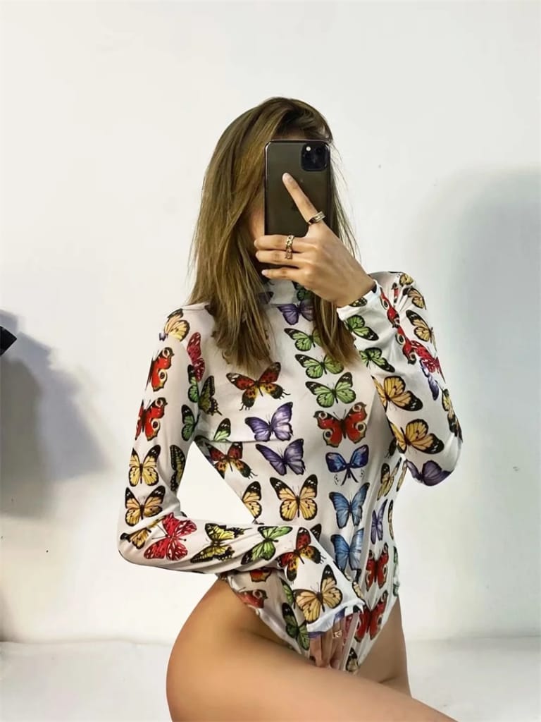 Women White High Neck Blue Butterfly Print Mesh Long Sleeve Bodysuit