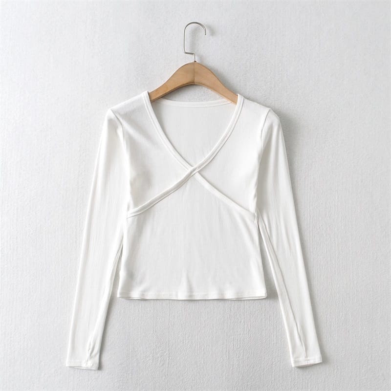 Women White Ribbed Cross Seam Bust Fitted Long Sleeve Cropped T-shirt top with Thumb Hole detail