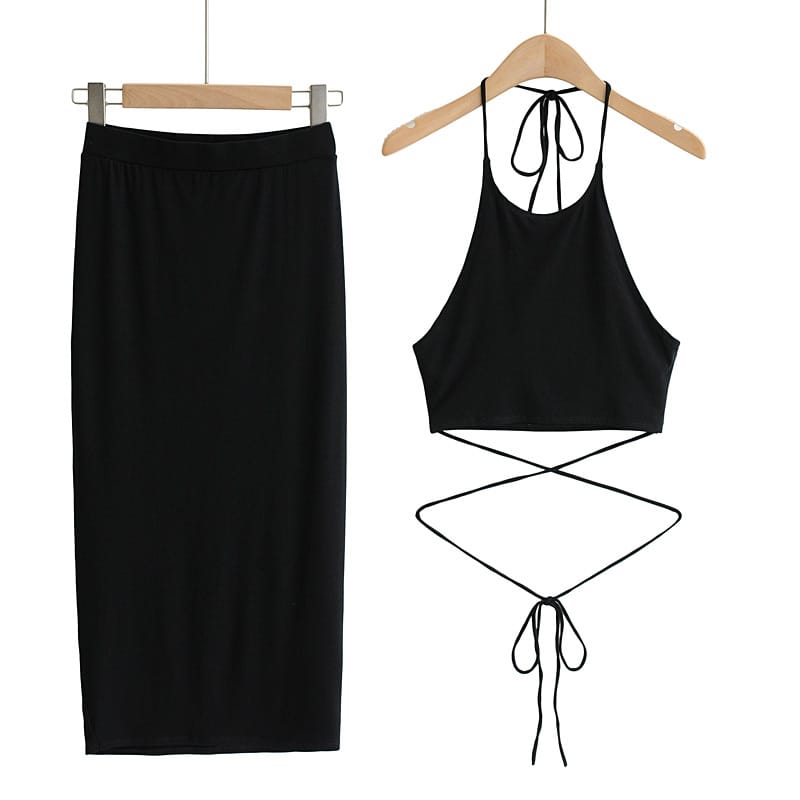 Women Brown Sporty Casual Co-ord Tie Halter Crop top with Wrap around Waist Midi Pencil Skirt