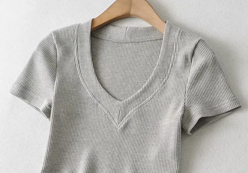 Women Light Grey Super Cropped top with Short Sleeve Fitted Waffle T-shirt