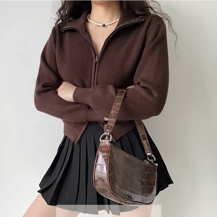 Women Brown Dual Zipper Knit Cardigan with Pockets detail