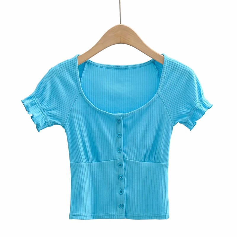 Women White Ribbed Round Scoop Neck Buttoned Short Sleeve T-shirt with Lettuce Trim detail