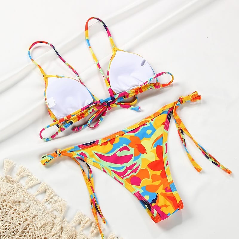 Women Yellow with Red Floral Print Bikini Set Tie front top High Waist side bottom