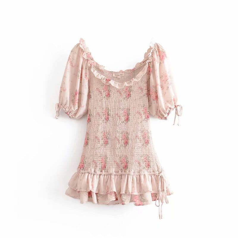 Women Pink Floral Print Elastic Ruched Mini Dress with Short Puff Sleeve and Ruffles Hem detail