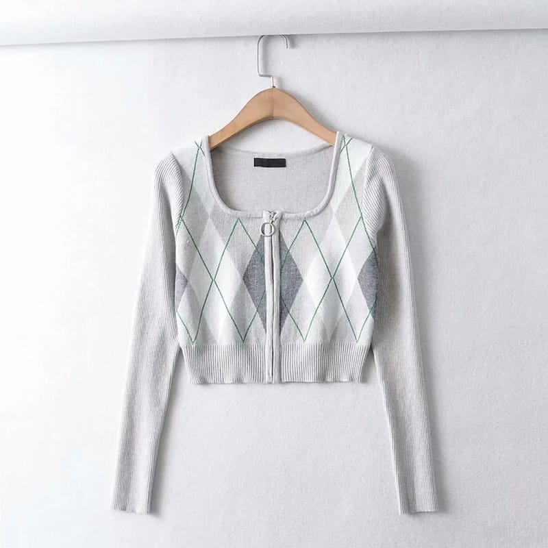 Women Blue Square Neck Zip through front Crop Argyle Knit Cardigan co Ord Knitted Mini Skirt