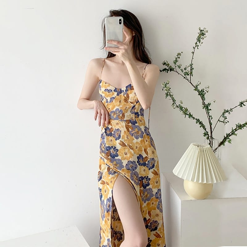 Floral Print Reformation Corset Top Midi Dress With Split Skirt