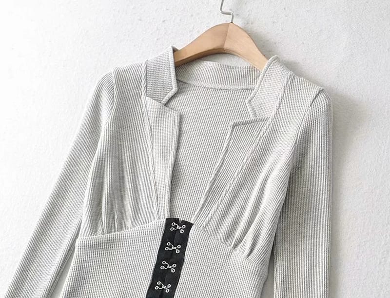 Women Grey Deep V Plunge Neck Long Sleeve T-shirt Ribbed top with Hooks front