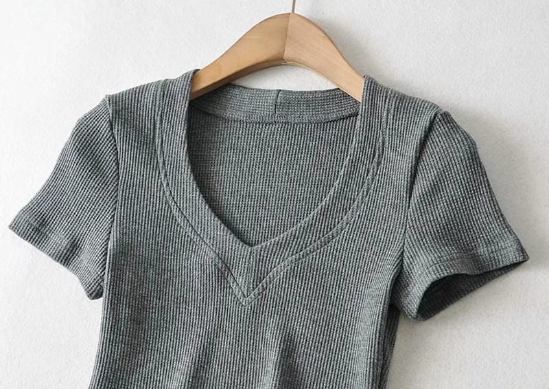 Women Light Grey Super Cropped top with Short Sleeve Fitted Waffle T-shirt