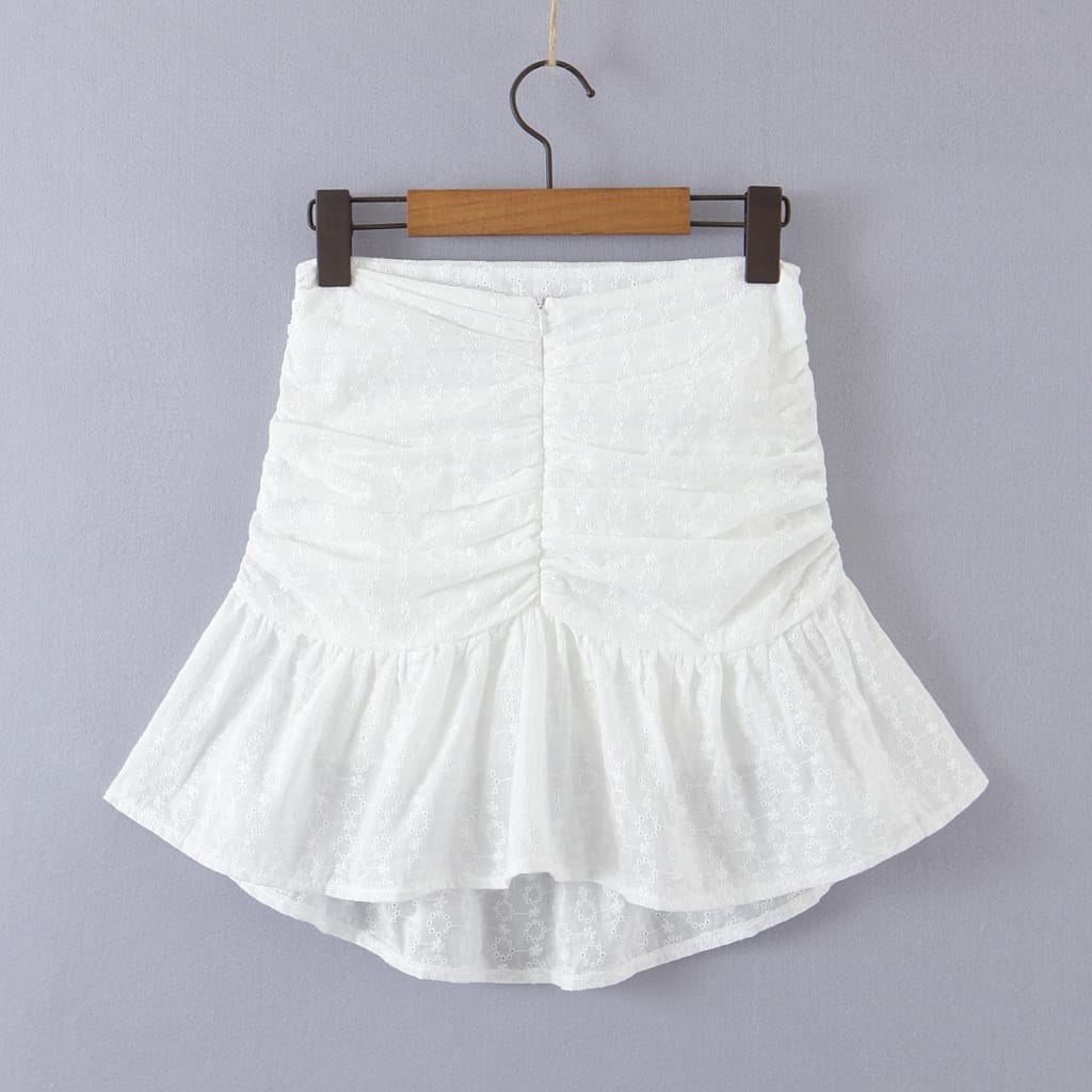 Women White Two Piece Embroidery Beach Style Skirt Set Cropped Short Sleeve top and Ruched Mini