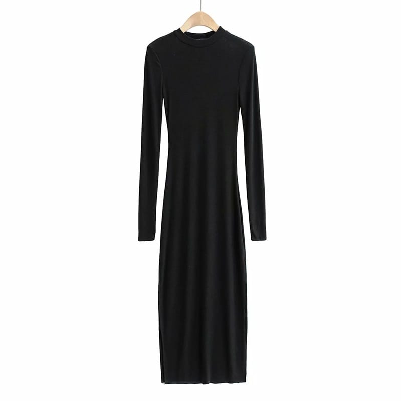Women Black O Neck Ribbed Long Sleeve Maxi Dress with side Deep Thigh Split detail