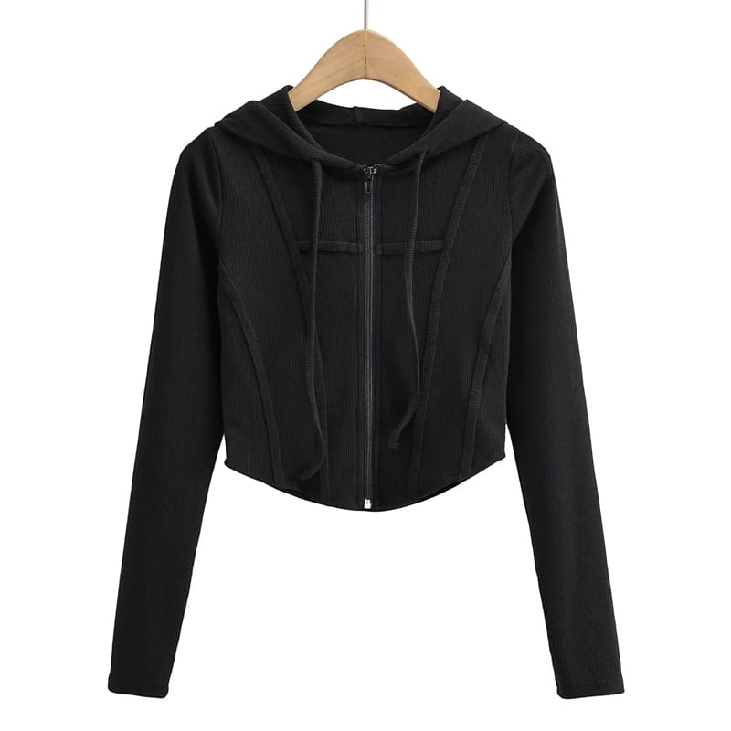 Women Black Zip up Crop Fitted Hoodie with Curve Hem and Tapes detail