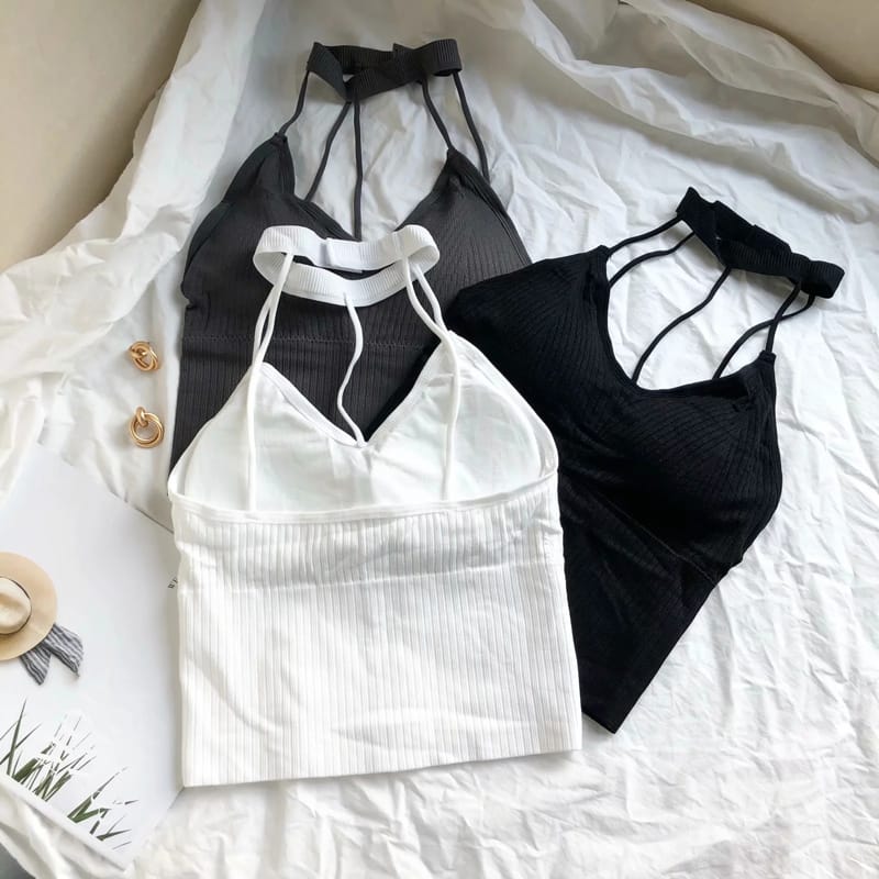 Women White Halter Neck Strappy Ribbed Padded Bralette Crop top