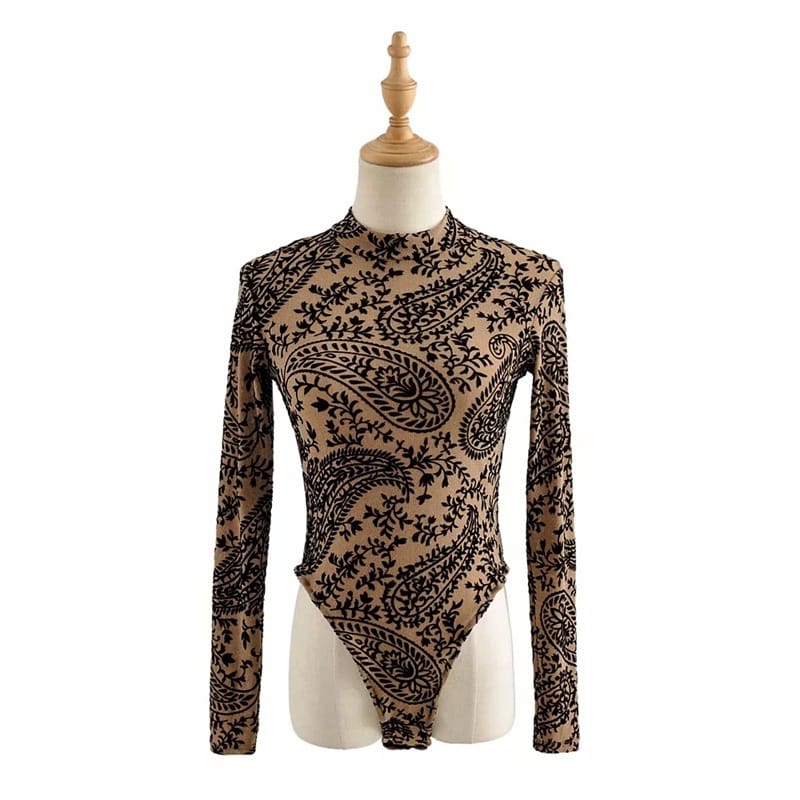 Women Black Glitter Leopard Sequin Sheer Long Sleeve Bodysuit