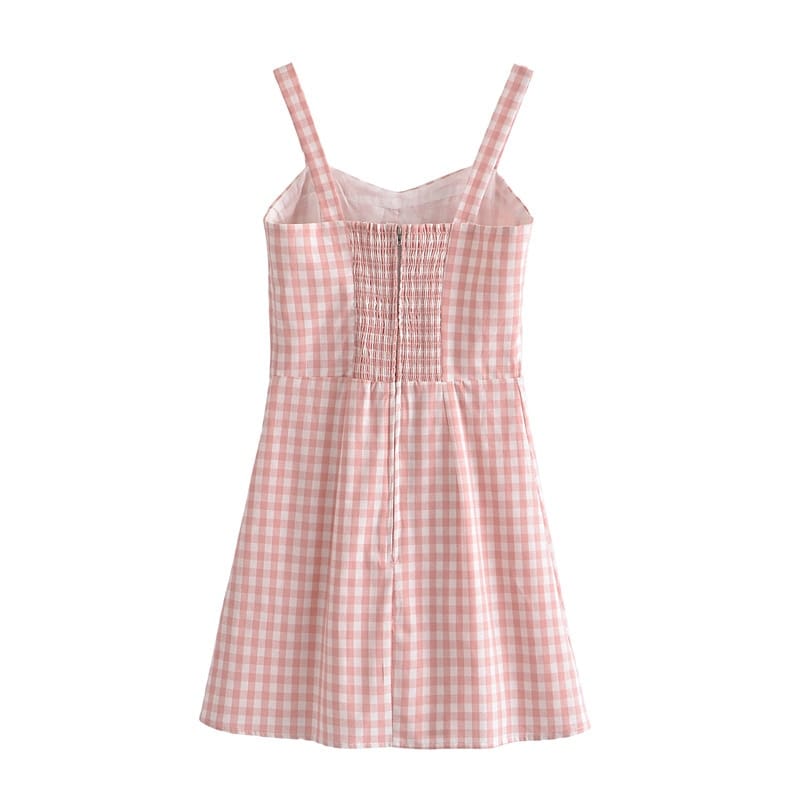 Women Pink Plaid Elastic back Cami Strap A-line Mini Dress with Center Bow detail