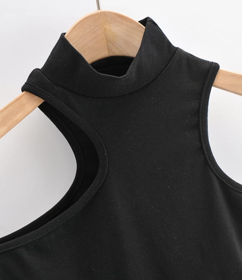 Women Black High Neck Asymmetrical Crop Tank top with Cut out detail