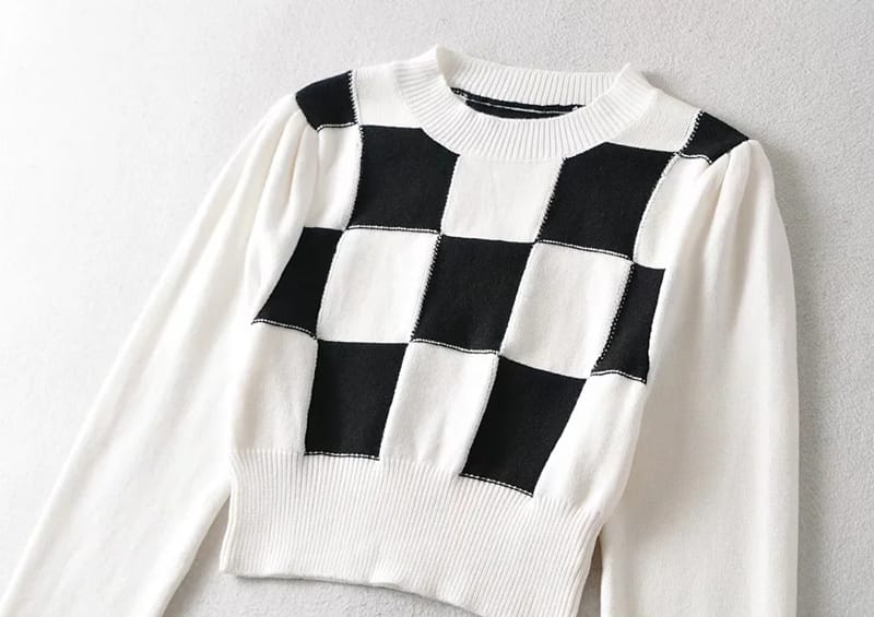 Women Cropped White Checkered Long Puff Sleeve Plaid Knit top Jumper