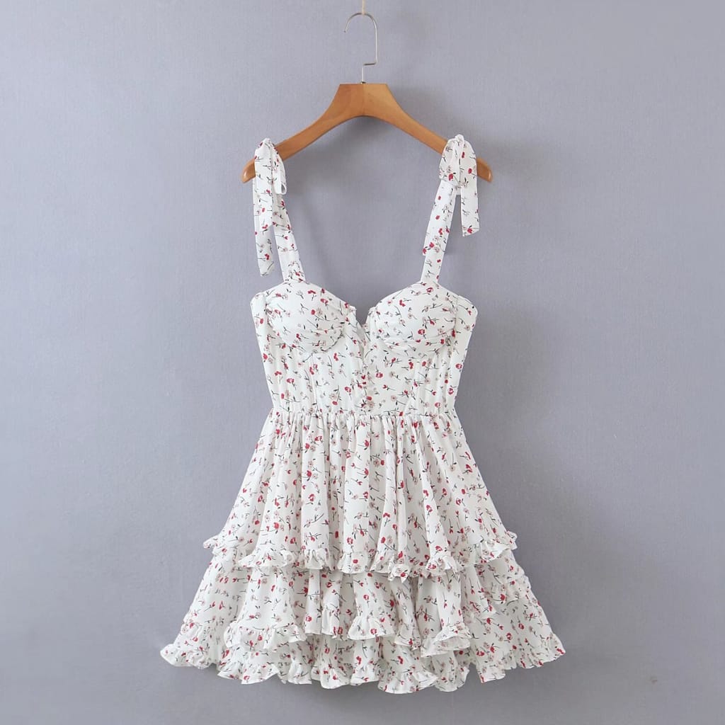 Women White Floral Tie Cami Strap Center Corset Style Layered Mini Dress with Ruffle Hem