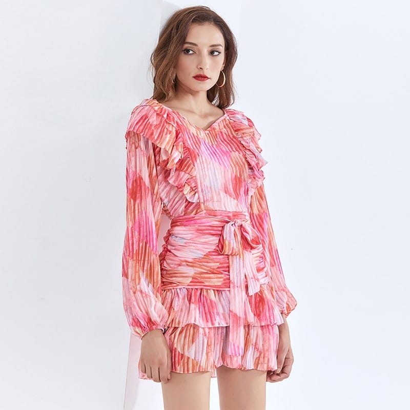 Pink Midi V Neck Dress with Lantern Long Sleeve Tie Waist and Ruffle detail