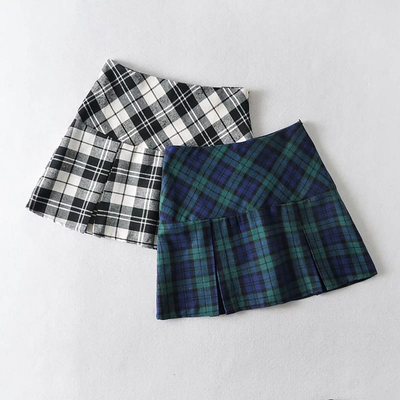 Women Green and Blue High Waist A-line Plaid Pleated Mini Skirt Checkered Tennis