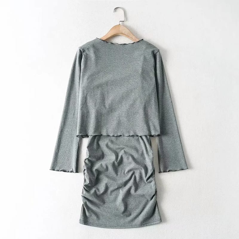 Women Grey Ruched Bust Cami Mini Bodycon Dress and Flare Long Sleeve Frill Trimmed top Two Pieces