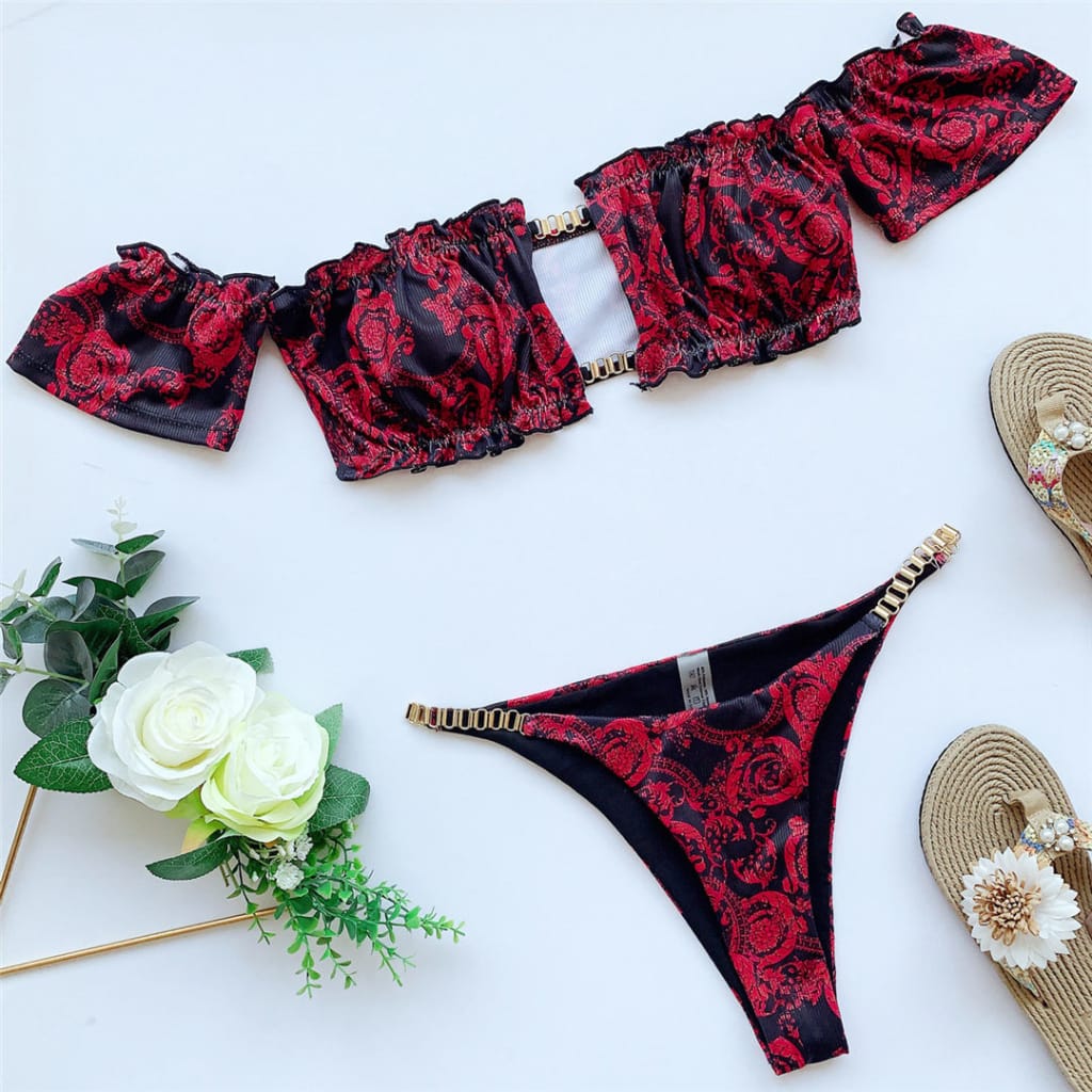 Women Red Tribal Print off Shoulder Ruffled Frilled Bikini Set with Rust Gold Chain Decor