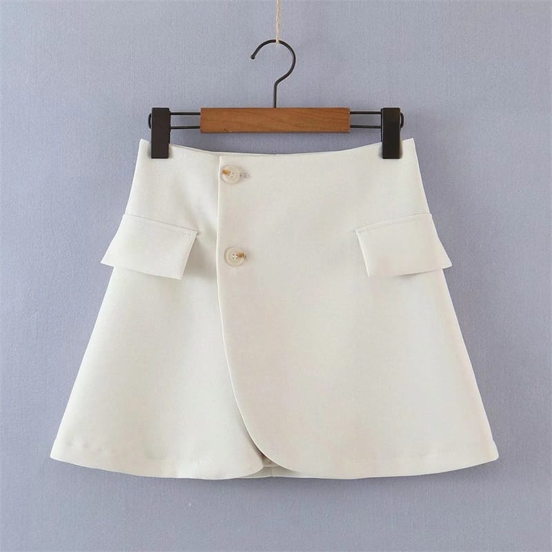 Women Beige Two Piece Skirt Set with Cropped Blazer Jacket and Wrap Mini